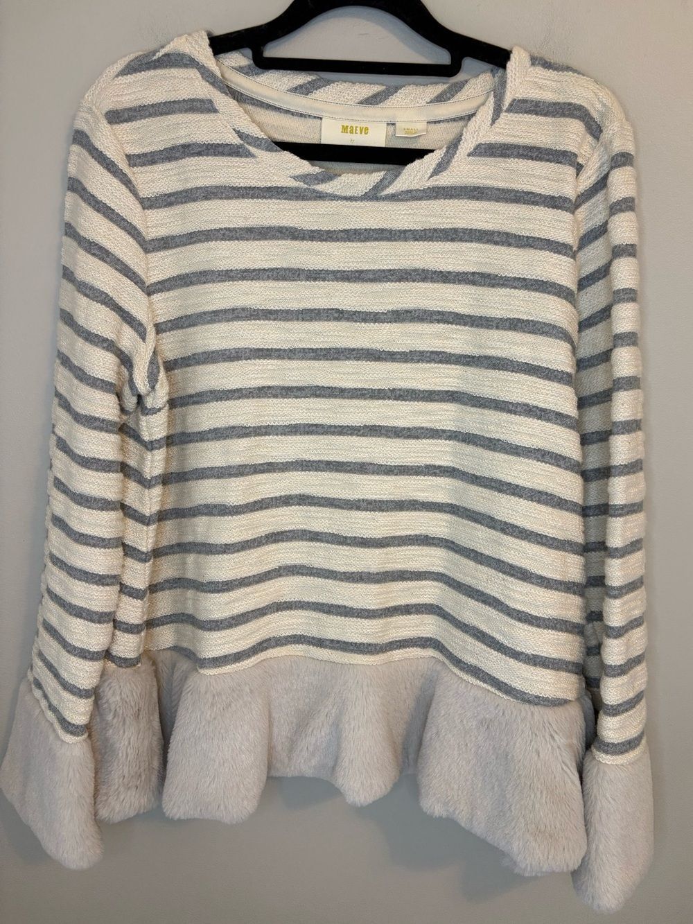 Maeve Anthropologie Striped Faux Fur Hem Knit Top Small